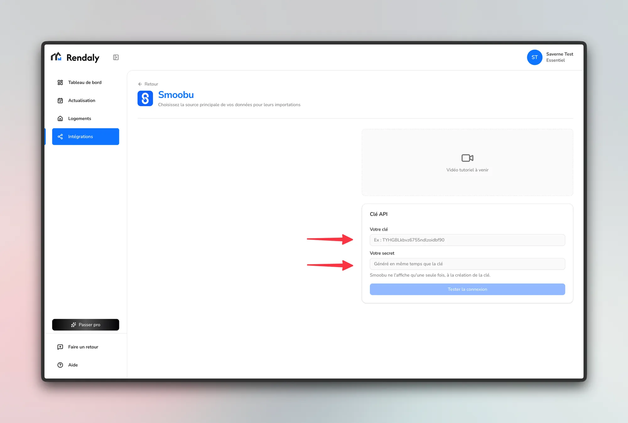 Page Smoobu de Rendaly, avec le bloc « Clé API » et ses champs « Votre clé » et « Votre secret ».