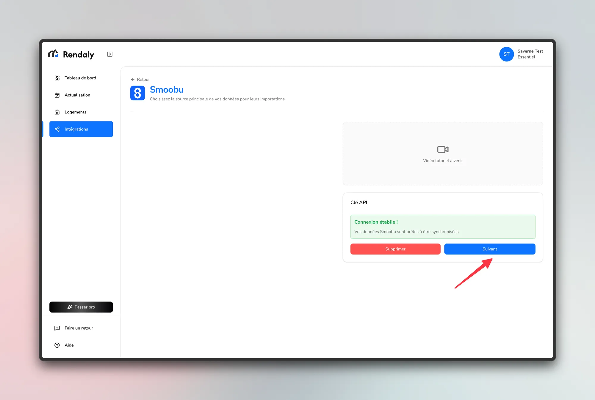 Bloc « Clé API » de Rendaly, avec le message « Connexion établie ! » et le bouton « Suivant ».